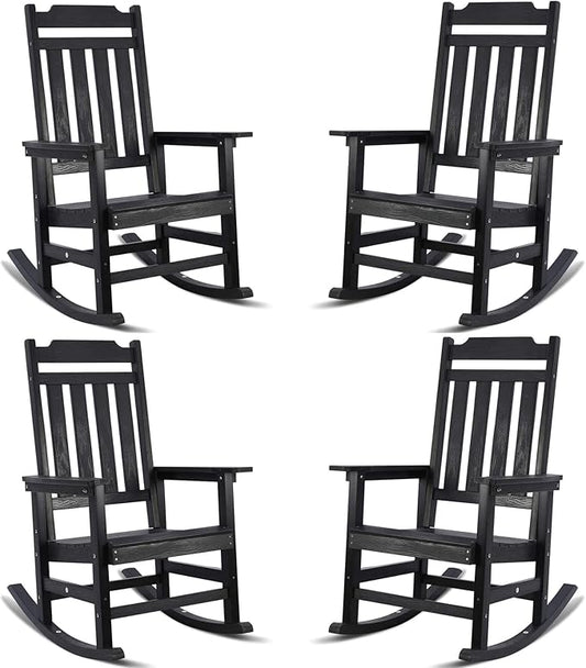 Rocking Chairs Set of 4, All Weather Resistant Poly Lumber Outdoor Porch Rocker, Rocking Chairs for Outdoor, Indoor, Patio, Deck, Garden, Backyard, Load Bearing 380 lbs - Black