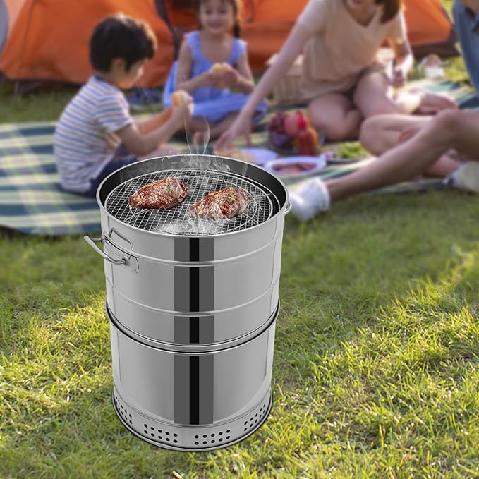 Large Portable Vertical Charcoal Grills, Stainless Charcoal BBQ Grill Barrel 360° Smokeless Outdoor with 50 Skewers for Travel, Outdoor Cooking and BBQ, Camping Picnic Patio Backyard (Large)