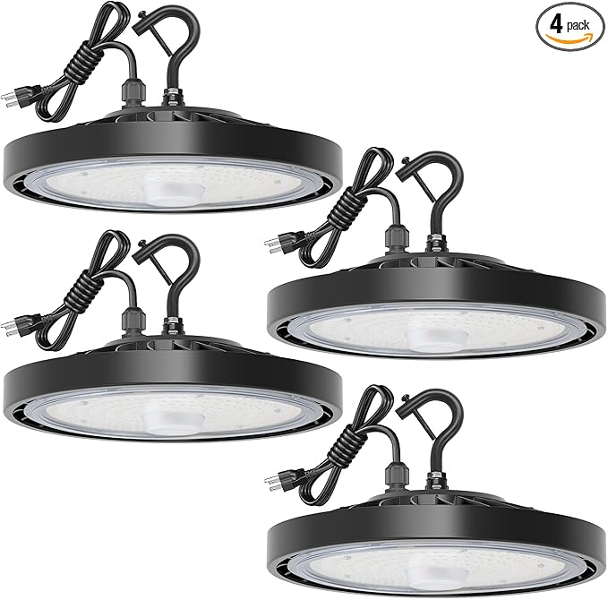 4 Pack LED Shop Lights 150W 24,000LM 5000K Super Bright High Bay Shop Lights with US Cable Plug in for Garage Workshop Warehouse Factory Barn