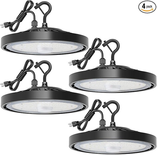 4 Pack LED Shop Lights 150W 24,000LM 5000K Super Bright High Bay Shop Lights with US Cable Plug in for Garage Workshop Warehouse Factory Barn