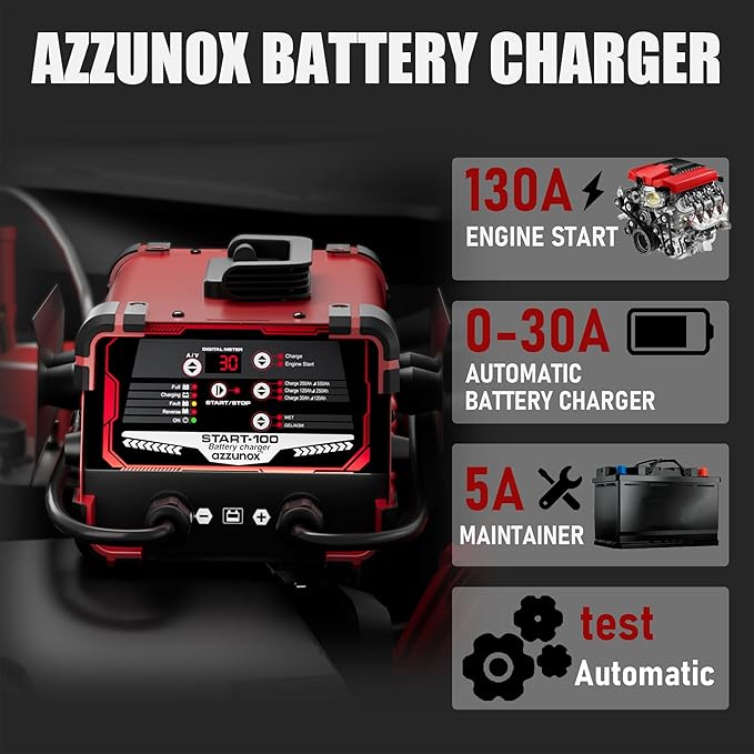 12V 24V Car Battery Charger & Engine Starter, 0-30A Automatic Battery Maintainer, 130 Cranking Amps, Jump Starter & Smart Trickle Charger, for Standard, AGM, Gel & Deep-Cycle Batteries