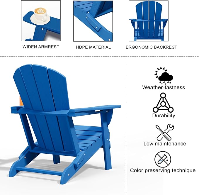 Folding Adirondack Chair with Cup Holders, HDPE Plastic Outdoor Chairs, Weather Resistant, Real Wood Look for Patio, Deck, Fire Pit, Backyard, Blue