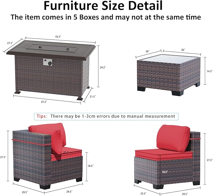 Outdoor Patio Furniture Set with Gas Fire Pit Table, 8 Pieces Outdoor Furniture Sets Patio Set Sofa w/43in Propane Fire Pit, PE Wicker Rattan Patio Conversation Sets - Red