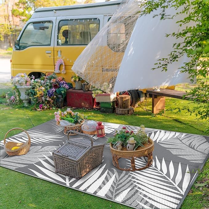GENIMO 6'x9' Outdoor Rug Waterproof for Patio Decor, Reversible Plastic Straw Rug Carpet, Camping Mats for Outdoor, RV, Backyard, Deck, Balcony, Picnic, Mix Grey & White