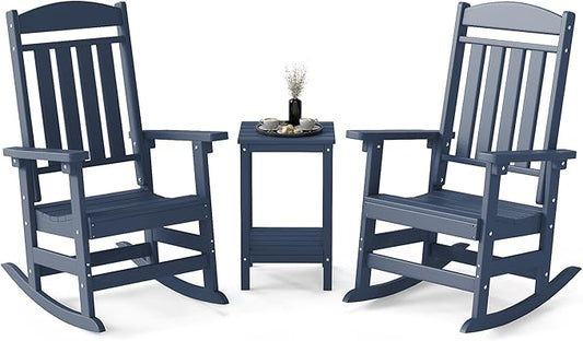 FOOWIN 3-Piece Outdoor Rocking Chairs Set, High Back Patio Rocker with Side Table, HDPE All Weather Resistant Oversized Rocking Chairs for Indoors, Porch, Patio, Backyard, Navy Blue