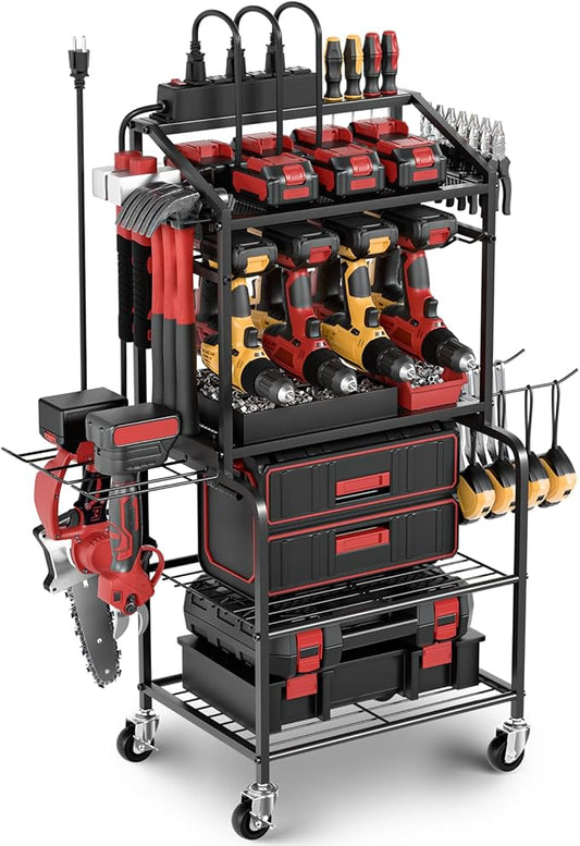 Power Tool Organizer Cart with Charging Station, Garage Floor Standing Rolling Drill and Tools Battery Storage Cart on Wheels, Rolling Tool Cart with 6 Outlet Power Strip
