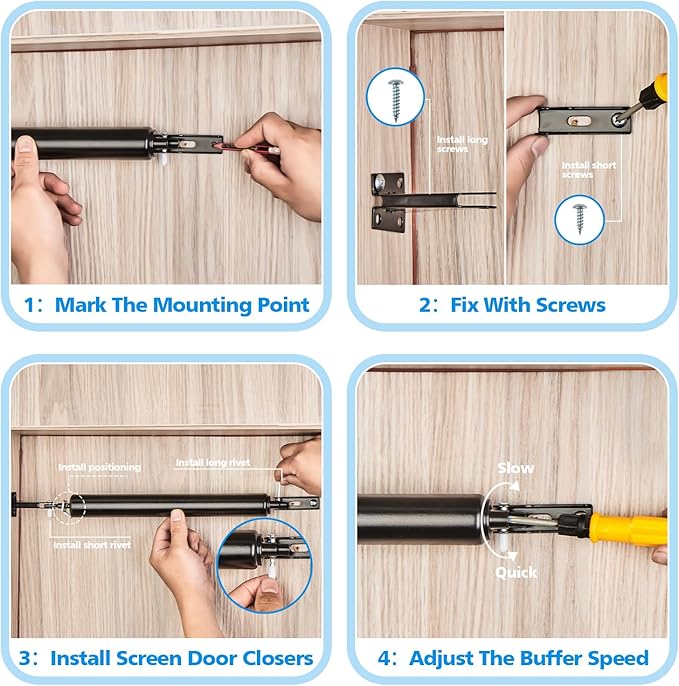 Screen and Storm Door Closer Kit, Closer for Heavy Storm Doors | Screen and Storm Door Push Button Latch Set | Storm Door Protector Chain and Spring (Black-Only Closer)