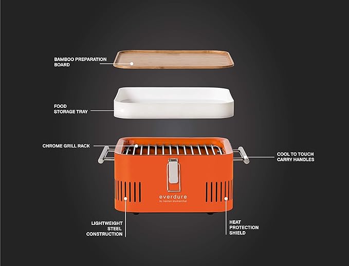 Everdure Cube Portable Charcoal Grill, Tabletop BBQ, Perfect Tailgate, Beach, Patio, or Camping Grill, Lightweight & Compact Small Grill with Preparation Board & Food Storage Tray, Orange