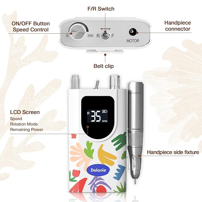 Delanie Professional Nail Drill High Torque 35000 RPM Rechargeable Portable Electric Nail File Filer for Acrylic Gel with Cuticle Bits, Salon Manicure Tool, Matisse White