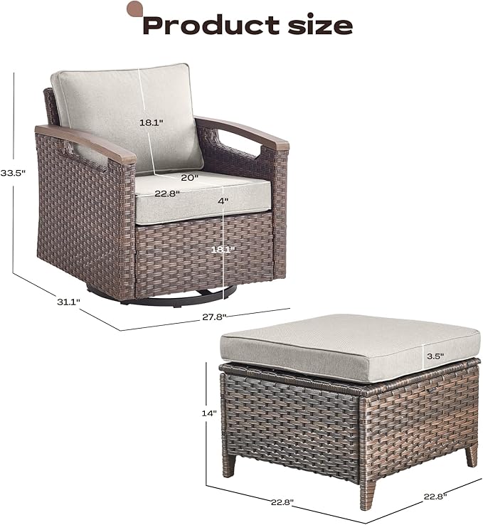 Rilyson Wicker Outdoor Patio Furniture Set - 4 Piece Patio Conversation Set with Swivel Rocker Chairs and Ottomans, Thick Cushions, High Back, Deep Seating, for Porch Deck Garden Brown/Beige