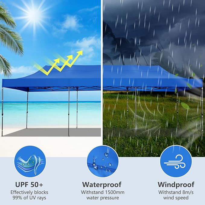 COBIZI 10x30 Pop up Canopy Heavy Duty Without Sidewalls, Easy Set-up Commercial Outdoor Party, 100% Waterproof Wedding Canopy Gazebo, 3 Height Adjustable with Wheeled Bag, Blue