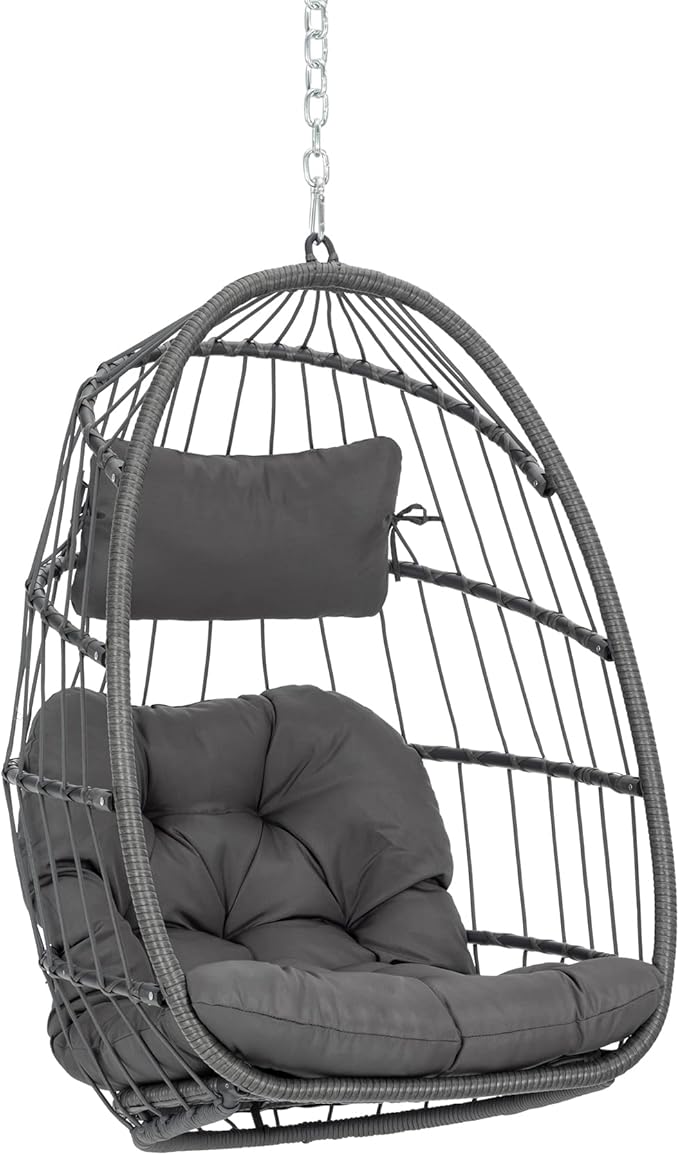 Yechen Hanging Egg Chair Outdoor Without Stand Indoor, Aluminum Foldable Swing Egg Chairs - Wicker Rattan Hammock Egg Porch Swing with UV Resistant Cushions for Bedroom Patio Balcony