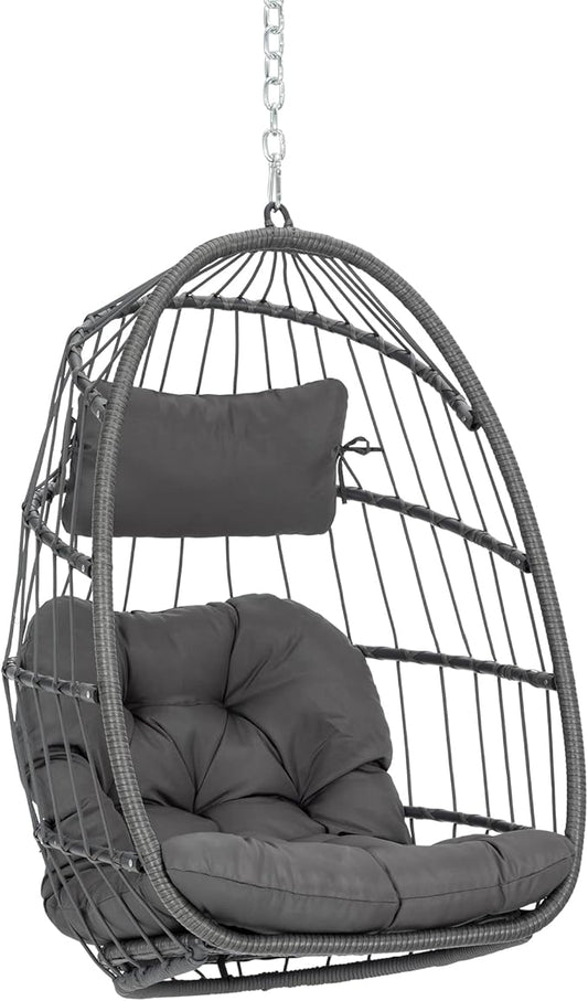 Yechen Hanging Egg Chair Outdoor Without Stand Indoor, Aluminum Foldable Swing Egg Chairs - Wicker Rattan Hammock Egg Porch Swing with UV Resistant Cushions for Bedroom Patio Balcony
