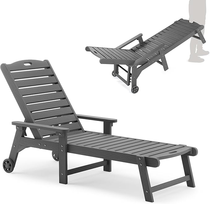 LUE BONA Outdoor Chaise Lounge, 79'' Oversized HDPS Chaise Lounger, 5 Positions Adjustable Lounge Chairs, Pool Lounge Chair with Wheels for Poolside, Backyard, 3 Year Warranty, Dark Gray