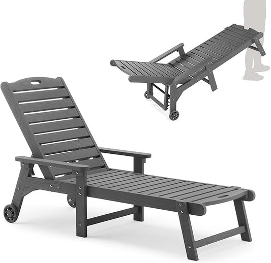 LUE BONA Outdoor Chaise Lounge, 79'' Oversized HDPS Chaise Lounger, 5 Positions Adjustable Lounge Chairs, Pool Lounge Chair with Wheels for Poolside, Backyard, 3 Year Warranty, Dark Gray