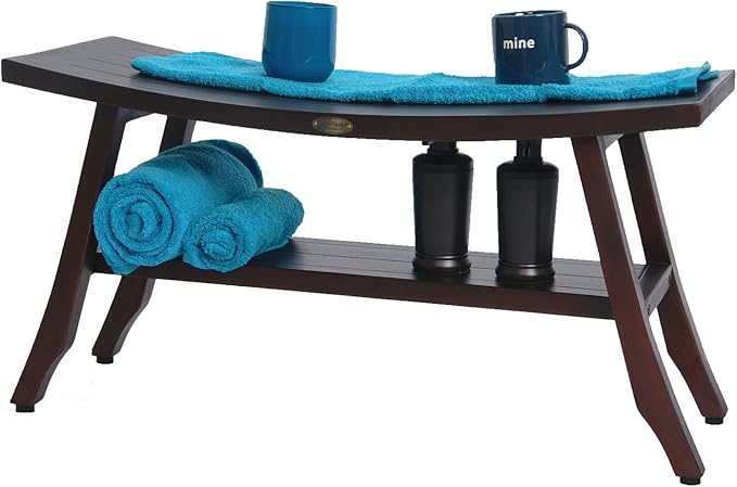 DecoTeak 29” Satori Teak Shower Bench – Full-Size Waterproof Bathroom Seat for Adults & Seniors | Sturdy 250 Pound Capacity | Spa-Style Teak Stool with Shelf, Non-Slip Feet | Elegant Brown Wood Finish
