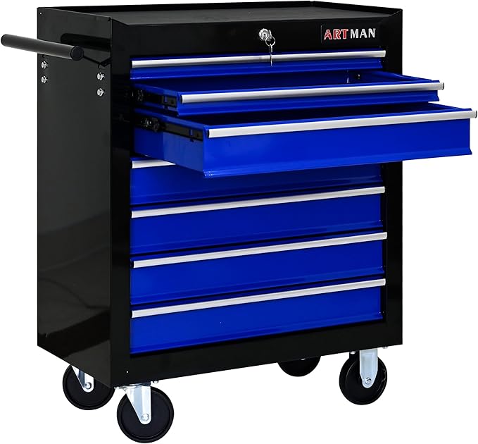 7 Drawers Tool Cart on Wheels,Multifunctional Rolling Tool Chest Tool Storage,Drawers Rolling Tool Trolley Organizer Tool Case for Garage, Warehouse, Workshop, Repair Shop (Black+Blue)