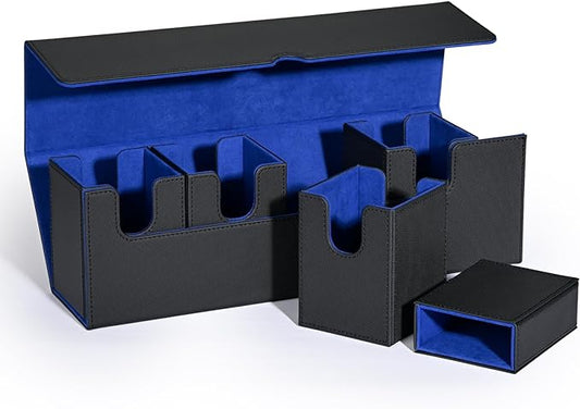 Card Deck Box with Dice Tray for MTG, 5 in 1 Card Deck Case Holds 800+ Unsleeved Cards, Strong Magnet Organizer Compatible with Yugioh TCG Sports Cards (Black Blue)