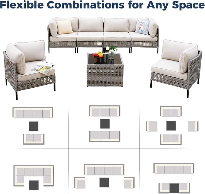 7-Piece Patio Rattan Furniture Set with 4 Armchairs, 2 Armless Chairs and Table, Modular Outdoor Wicker Sectional Sofa with Beige Cushions for Backyard, Porch, Garden