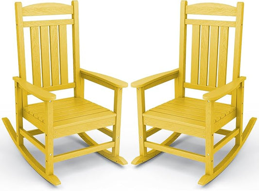 KINGYES Outdoor Rocking Chair Set of 2, High Density Polyethylene Patio Rocking Chairs with 330lbs Support for Adults, Yellow
