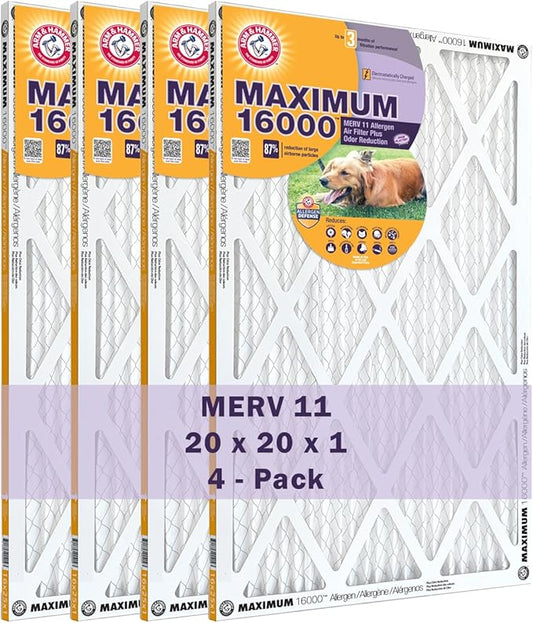 Arm & Hammer Max Allergen & Odor Reduction 20x20x1 Air and Furnace Filter, MERV 11, 4-Pack
