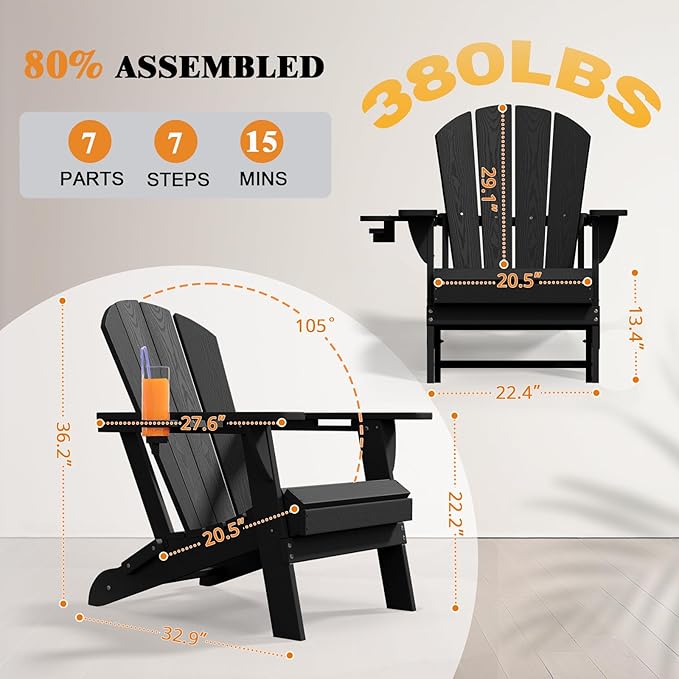 Folding Adirondack Chair, HDPE All-Weather Patio Chairs for Outdoor, Patio, Lawn, Garden, Backyard Deck, Fire Pit - Black