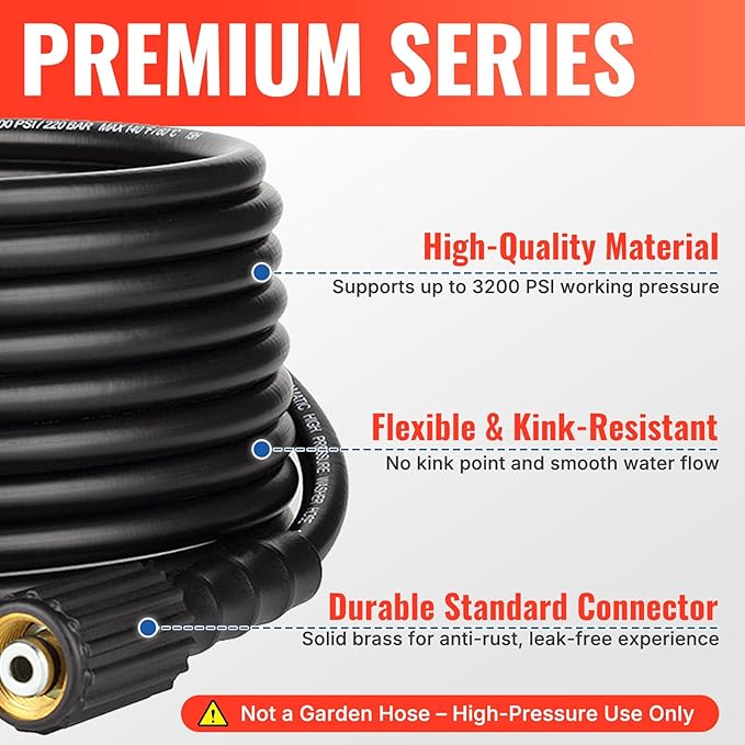 YAMATIC Pressure Washer Hose 50FT 1/4" M22 Brass Fitting Kink Resistant Power Washer Hose Replacement for Ryobi, Troy Bilt, Greenworks, CRAFTSMAN and more M22 Thread Pressure Washers, 3200 PSI