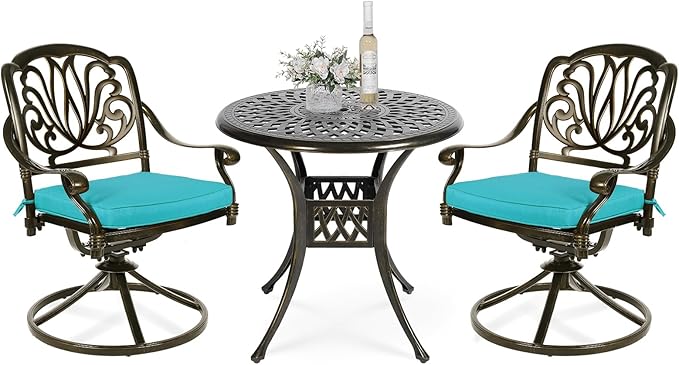 VIVIJASON 3-Piece Patio Furniture Dining Set, Outdoor All-Weather Cast Aluminum Bistro Set, Include 2 Swivel Chairs and 31" Round Table w/Umbrella Hole for Balcony, Lawn, Garden (Ocean Blue Cushion)