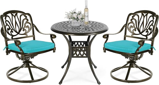 VIVIJASON 3-Piece Patio Furniture Dining Set, Outdoor All-Weather Cast Aluminum Bistro Set, Include 2 Swivel Chairs and 31" Round Table w/Umbrella Hole for Balcony, Lawn, Garden (Ocean Blue Cushion)