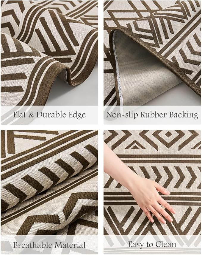 Outdoor Rug Carpet 6x9 ft, Flatweave Textured Outdoor Patio Rug Non Slip Indoor Outdoor Rugs with Rubber Particles Backing Boho Outdoor Area Rug for Patio Deck Front Porch Backyard Balcony, Brown