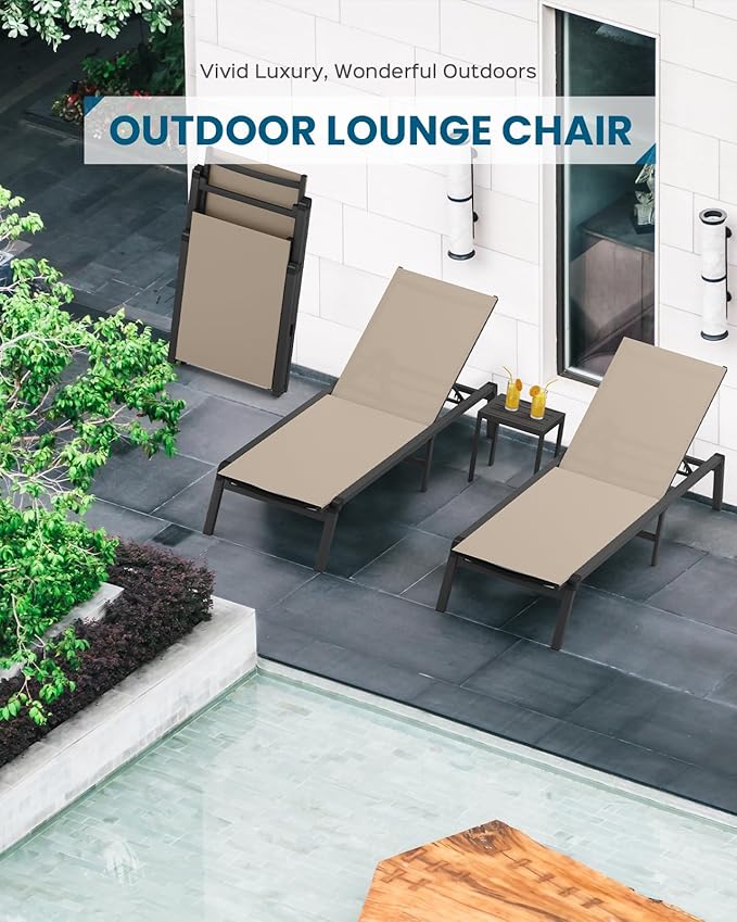 Pool Lounge Chairs Set of 2, Foldable Aluminum Chaise Lounge Outdoor with 5 Positions Recliner - Free Assembly - Patio Chaise Lounge Chair for Poolside, Beach, Yard (Khaki, 2 Pack)