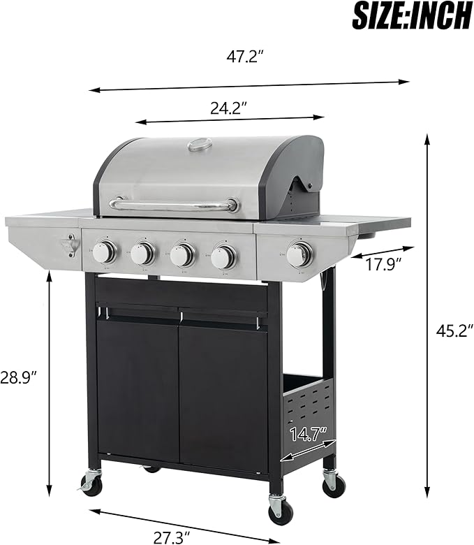 4 Burner Propane Gas Grill with Side Burner, 46,500 BTU Stainless Steel BBQ Grill with Foldable Shelves, Thermometer, Wheels, Ideal for Patio, Backyard, Outdoor Cooking, Barbeque