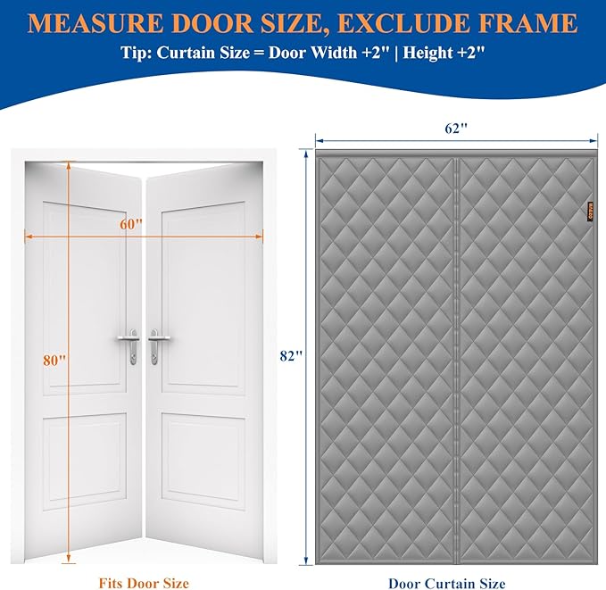 MAGZO Magnetic Thermal Insulated Door Curtain, Fits 60" x 80" Door, Made of Oxford&Cotton, Weatherproofing Insulation Cover Blanket for Winter/Double/Wide French Patio Doors, Keep Cold Out, Grey