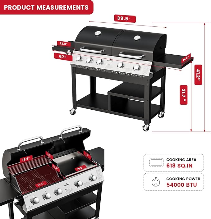 5-Burner Propane Gas Griddle Grill Combo with Porcelain-Enameled Cast Iron Grate & Cast Iron Pan, Dual BBQ Grill With Flat Top Griddle for Outdoor Kitchen & Backyard Barbecue,618 SQIN Cook Area