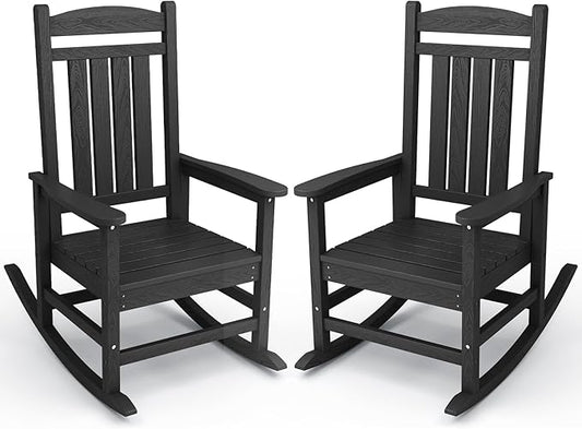 KINGYES Outdoor Rocking Chair Set of 2, High Density Polyethylene Patio Rocking Chairs with 330lbs Support for Adults, Black