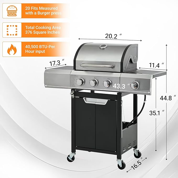 Fast Ignition Outdoor Gas Grill, Independent Multi-Burner & Built-in Thermometer, Easy-Clean Stainless Steel BBQ Grill for Camping Patio Backyard Cooking
