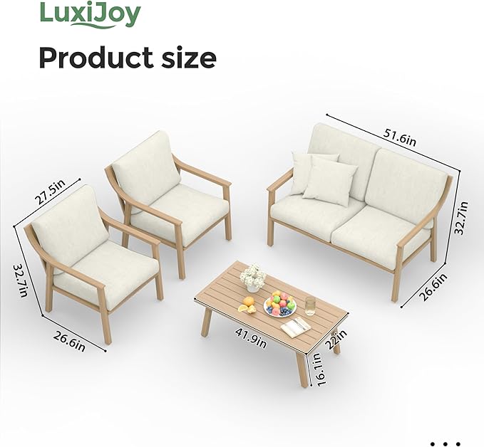 Patio Conversation Sets 4 Pieces - Aluminum Loveseat Outdoor Furniture Sets with Thick Cushion, Coffee Table and Chairs Set of 2, Rustproof and Waterproof for Porch Deck Yard, Beige
