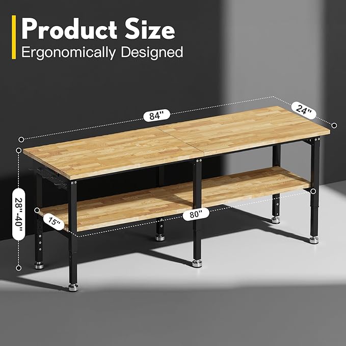 84” Adjustable Work Bench, 2-Layer Heavy Duty Workbench, 6000 LBS Capacity Workbench with Pegboard & Power Outlet, Rubber Wood Work Table for Garage, Office, Workshop, Home