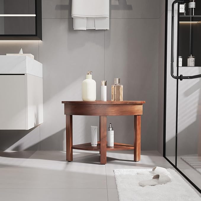 EROMMY 18.3" Flip-Top Corner Shower Stool for Inside Shower, Teak Corner Shower Bench with Storage Cabinet, Shower Foot Rest for Shaving Legs, Small Bench for Bathroom to Sit on Bath Seat