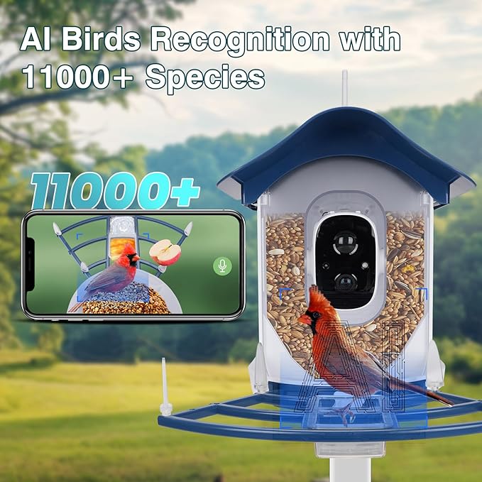 Smart Bird Feeder with Camera,AI Identify Bird Species,Auto Record 2K Video in Backyard Garden,Live View,Solar Powered Charging,Ideal Gifts for Family and Lovers (Dark Blue)