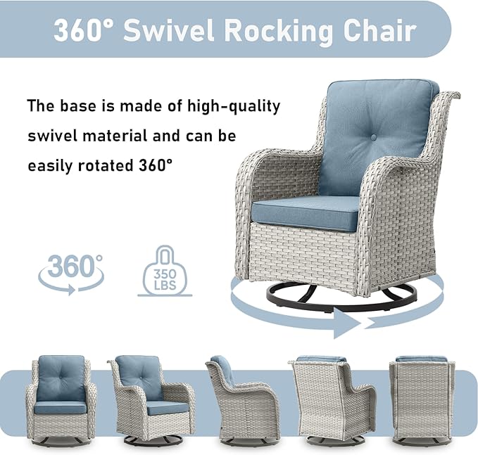 Wicker Patio Furniture-7 Pieces Rattan Patio Furniture Set Outdoor Patio Couch with Swivel Patio Chairs Ottomans and Coffee Table for Deck Poolside Backyard-Light Grey/Light Blue