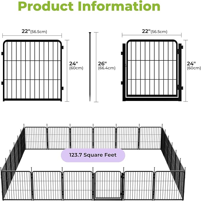 SunsGrove Garden Fence with Gate, 24 in(H) x 44.5 ft(L) 24 Panels Heavy Duty Metal Animal Barrier Fence for Yard, Suitable for Indoor or Outdoor Dog Pet Fence, Garden Fence Border, Black
