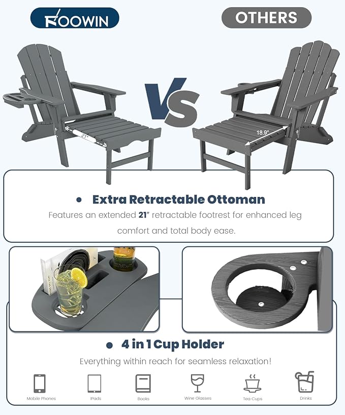 FOOWIN Folding Adjustable Adirondack Chair with Retractable Ottoman Set of 2, HDPE Adirondack Chair w/4 in 1 Cup Holder Trays,All-Weather Resistant Fire Pit Chair for Outdoor Patio Lawn, Grey