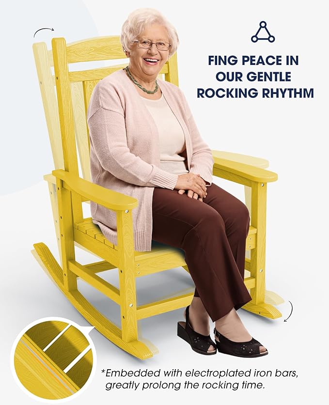KINGYES HDPE Outdoor Rocking Chair Set of 4, All-Weather Poly Patio Rocking Chairs with 330lbs Support for Adults, Yellow