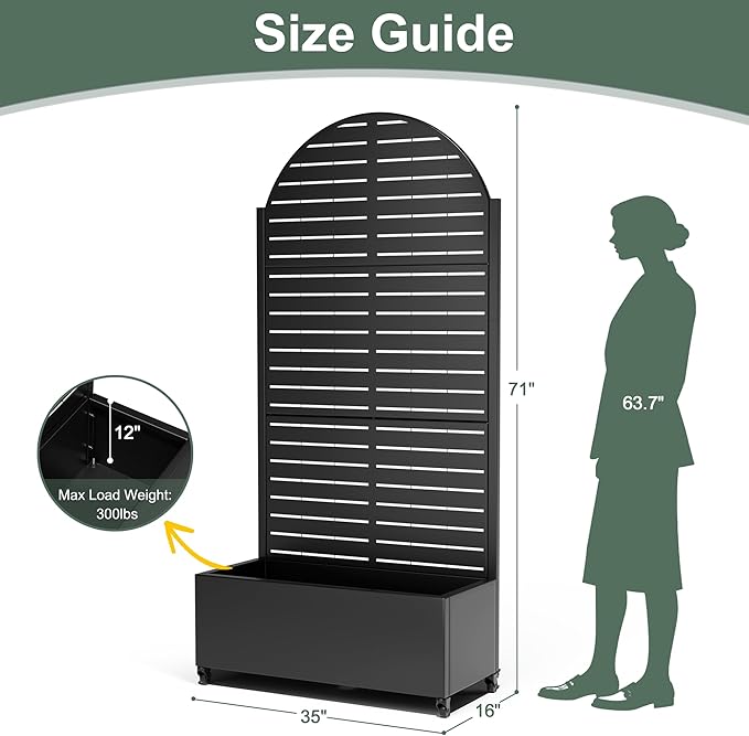Metal Trellis with Planter Box for Climbing Plants Vegetables, Raised Garden Beds with Privacy Screen & Wheels, Standing Flower Box with Drainage Holes (35" L, Black Arch)