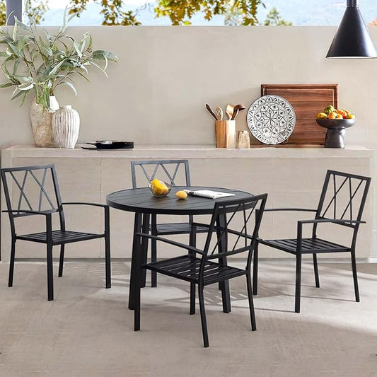 5 Piece Outdoor Dining Set, Patio Dining Set for 4, 42" Black Round Table with 4 Black Metal Outdoor Dining Chairs with Armrest for Lawn, Garden, or Porch