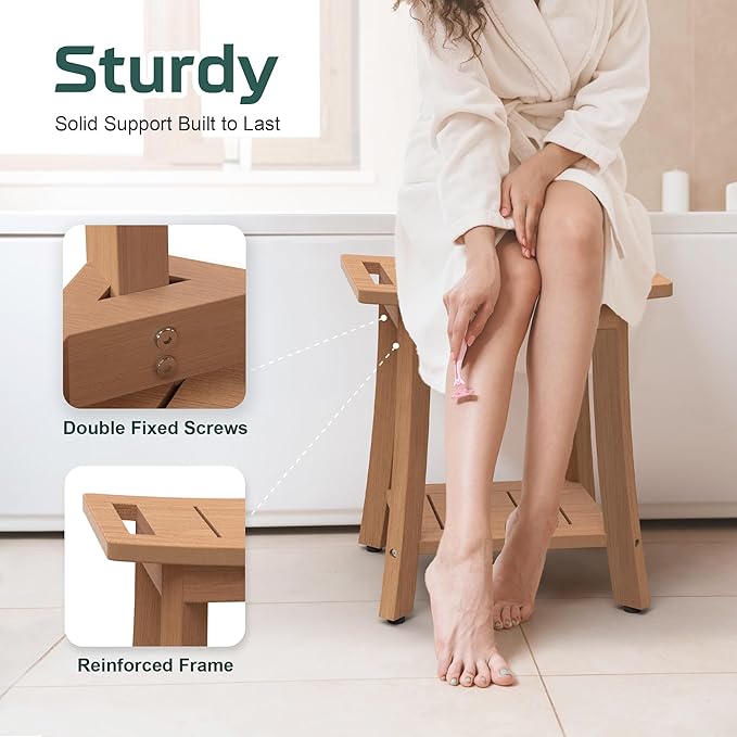 HIPS Shower Benches for Inside Shower, Waterproof Shower Stool with Storage Shelf & Adjustable Feet, SPA Bathroom Seat Chair for Shaving Legs, Indoor or Outdoor Use, Teak Brown
