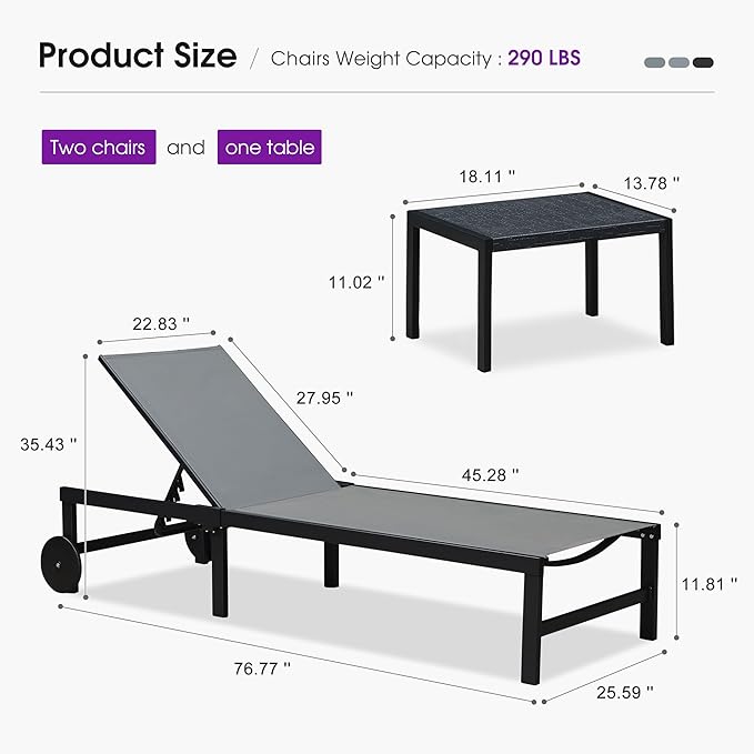 PURPLE LEAF Outdoor Chaise Lounge Chairs Set Recliner Adjustable Chair with Wheels and Table for Poolside Beach Patio Aluminum Reclining Sunbathing Lounger, Grey