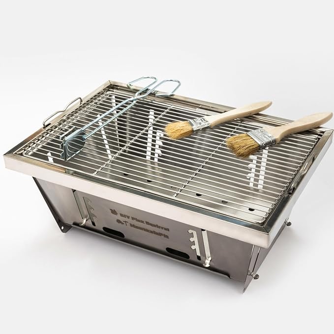 Portable Charcoal Grill Foldable with Carry Bag & Tools - Stainless Steel BBQ Set for Camping, Picnic, Patio - Compact Travel Grill Includes Brush&Tongs (Silver)