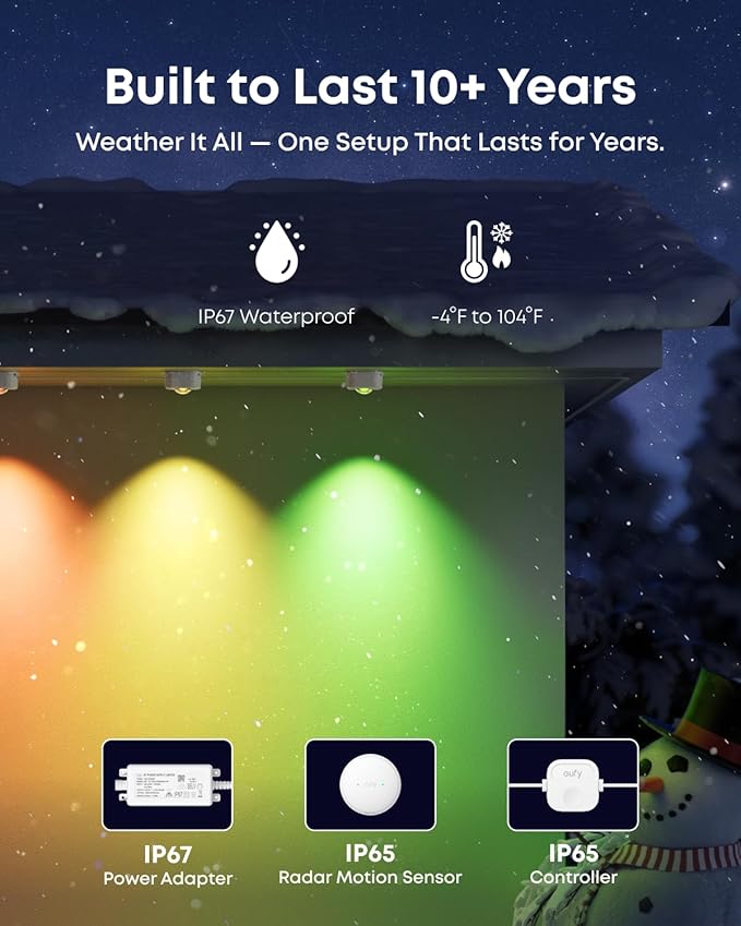 eufy Permanent Outdoor Lights S4, 3D Radar-Activated, 150ft with 108 LED Lights, Smart RGBWW for Halloween and Christmas Decorations, AI Light Themes, Music Mode, Matter Support, IP67 Waterproof